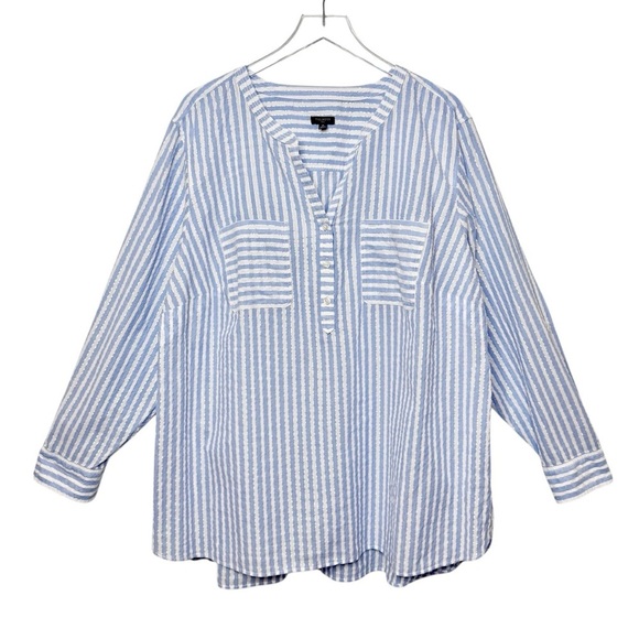 Talbots Seersucker Blue Stripe Metallic Lurex Side Button Women’s Tunic Sz 3X - Picture 1 of 11